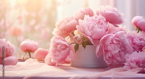 pink peonies on the table and background