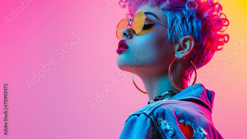 Young woman with vibrant punk hair and sunglasses stands against a neon background banner with empty copy space for text. Pop art portrait concept photo