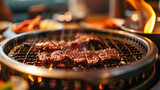 Young asian eating korean barbecue yakiniku in restaurant. Generative Ai