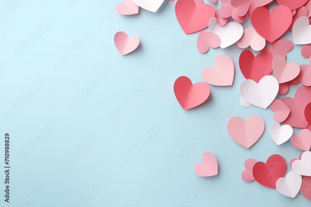 Scattered paper hearts in shades of pink and white on a light blue background