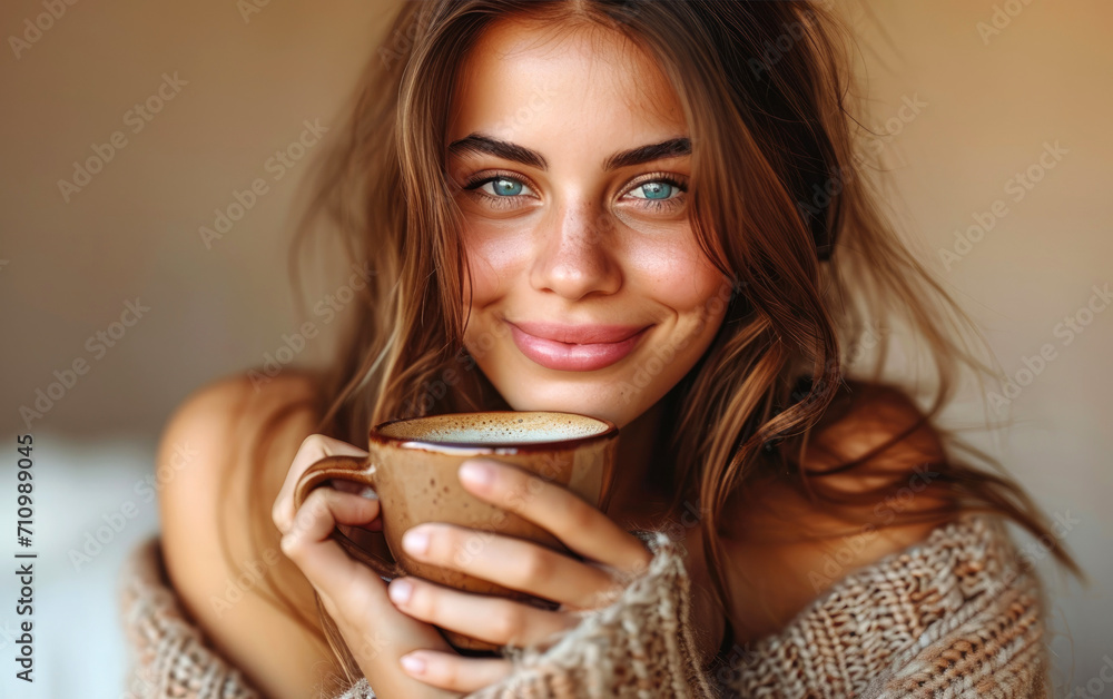 A happy young beautiful woman holding a cup of morning coffee A happy young beautiful woman holding a cup of morning coffee