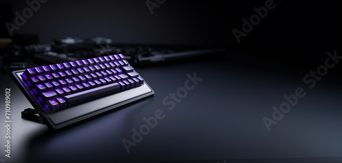 Generative AI image of mechanical keyboard, colors of purple ,black anodized aluminum photo