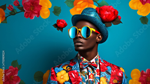 Contemporary pop art portrait of handsome African man wearing tie bow and sunglasses on a blue blooming flower background. Modern drawing painting poster photo