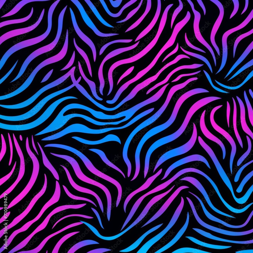 Generative AI image of neon zebra print pattern on black background blue purple pink lilac ed sparkle
