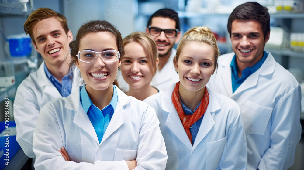 Fototapeta premium Portrait of a friendly eam of researchers in white lab coats in a laboratory. Medical Research Team in Laboratory Environment