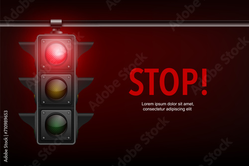 Vector Realistic Banner with Hanging Traffic Light with Glowing Red Prohibiting Signal Isolated on Black Background