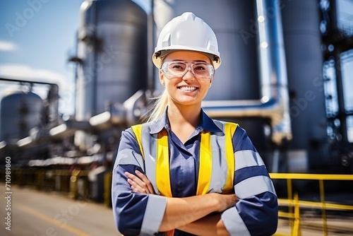 Portrait of a female engineer wearing hardhat and safety glasses at an industrial facility