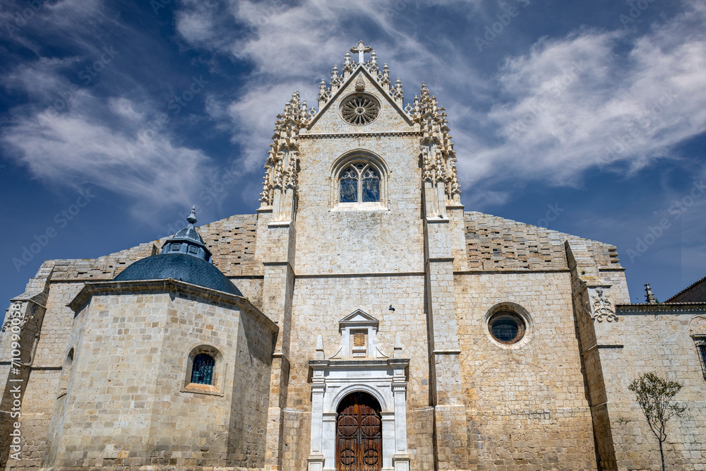Gothic style facade of the Catholic Cathedral of San Antolín in Palencia, Castilla y Leon, Spain