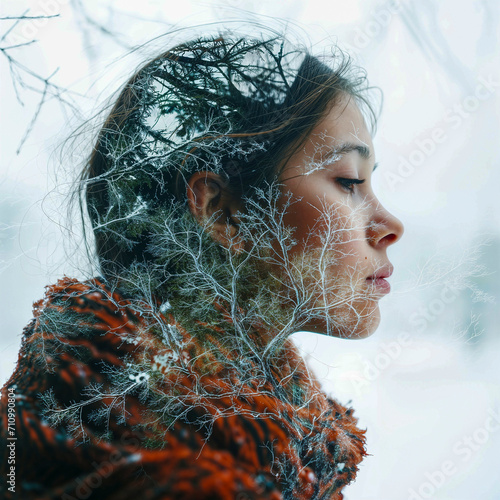 millenium generation X girl in winter colors on white background, autumn nature double exposure, generated with AI photo