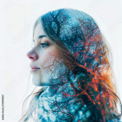 millenium generation X girl in winter colors on white background, autumn nature double exposure, generated with AI photo