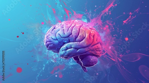 Blue and Pink Painting of a Brain, Neural Artwork in Harmonious Colors