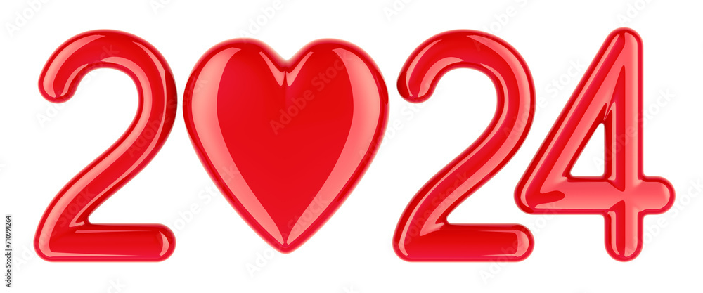 2024 with red heart, 3D rendering isolated on transparent background 2024 with red heart, 3D rendering isolated on transparent background