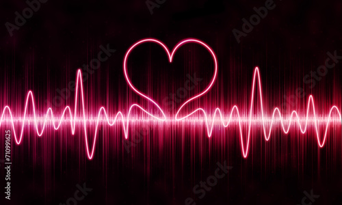 Pink heart shaped sound wave on abstract black background. Heart beating or love concept