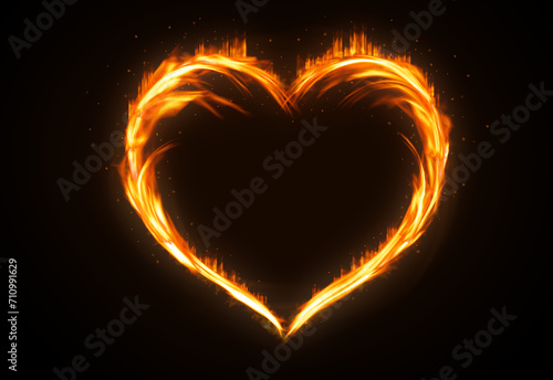 Flaming fire heart shape on black background