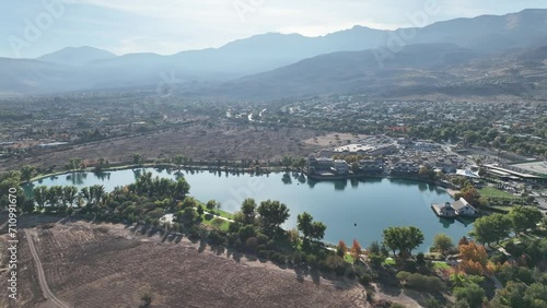 aerial drone shot of Laguna Piedra Roja located in Chicureo, Santiago de Chile photo