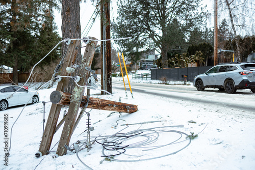 A downed power line from intense winter storm.