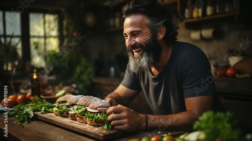 Bearded man laughing while making sandwiches in the kitchen photo