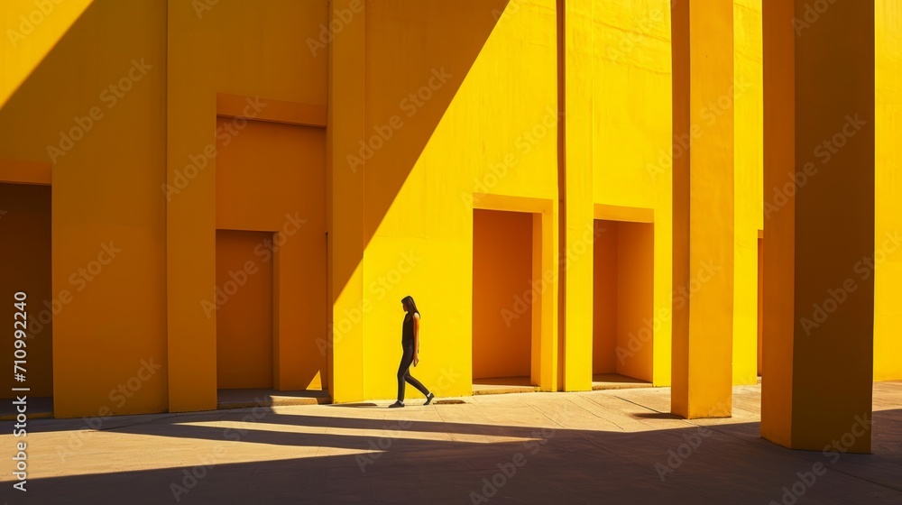Generative AI image of man walking in front of a yellow building