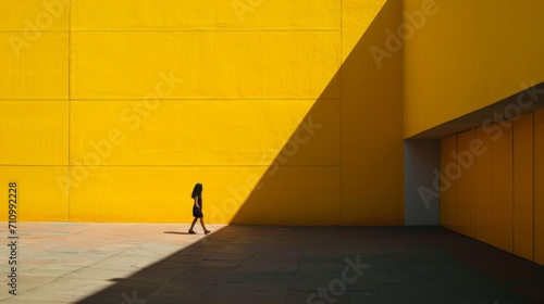 Generative AI image of woman walking in front of a yellow building