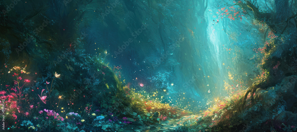 Fototapeta premium A surreal garden filled with blooming flowers and sparkling fireflies