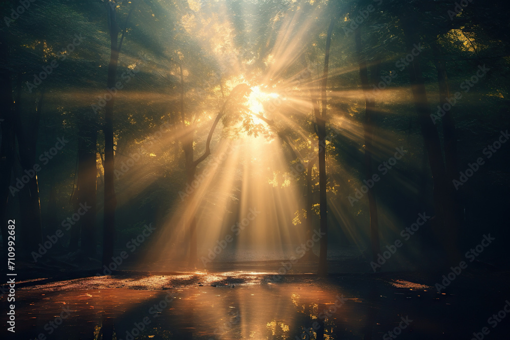 Bright sun rays shine between the trees in the forest. Generated by artificial intelligence