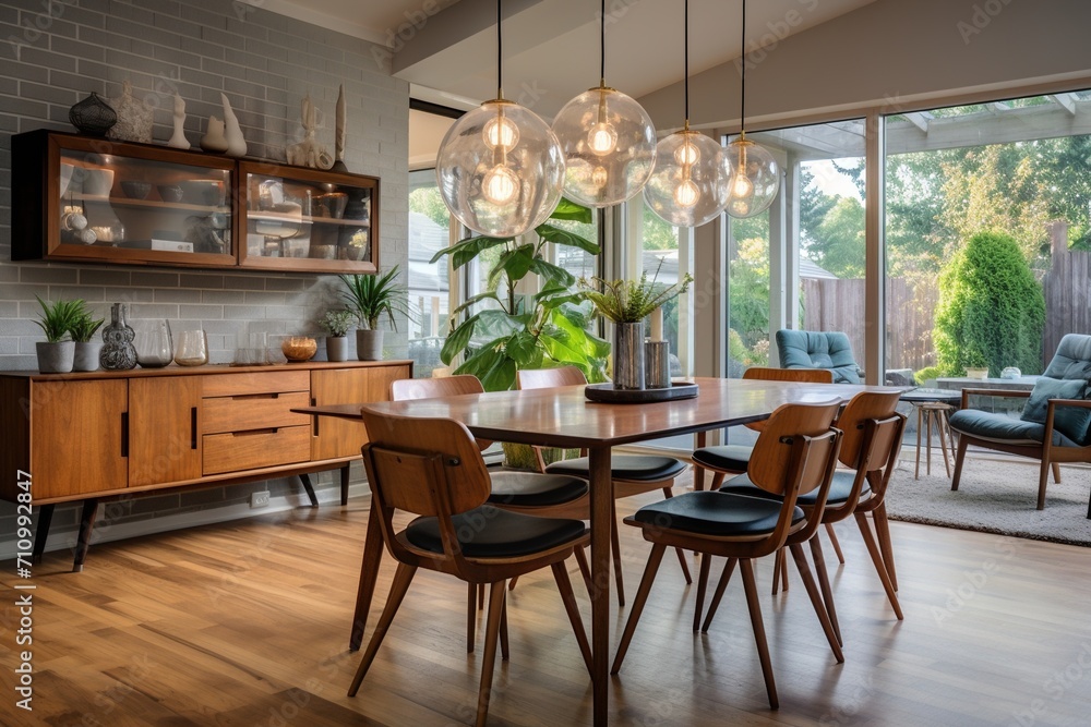 Mid-century modern dining room with large windows and plants