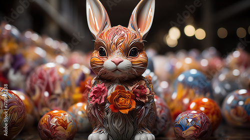Artistic futuristic easter bunny in a room with lots of painted eggs. Easter concept