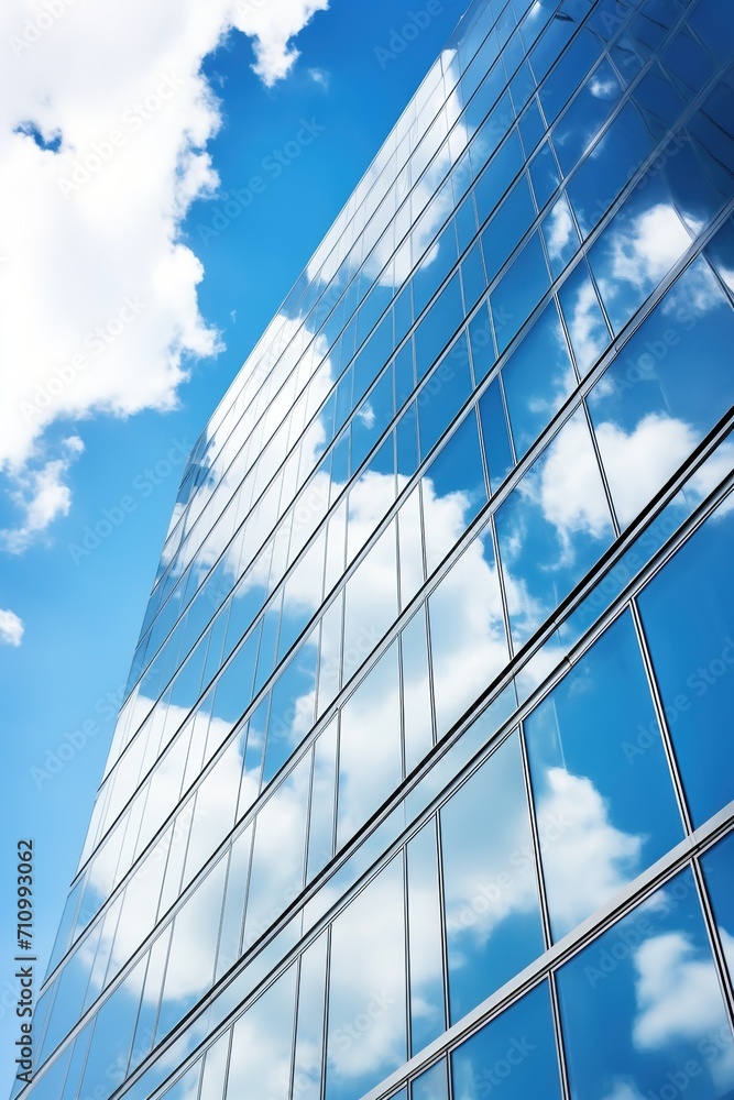 Blue glass skyscraper reflecting clouds