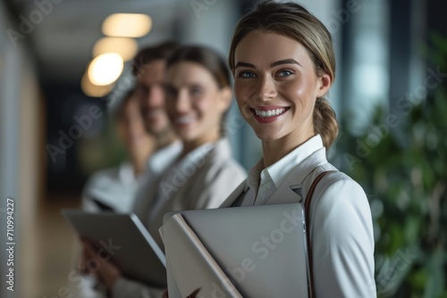 Generative AI image of smiling business people holding laptops