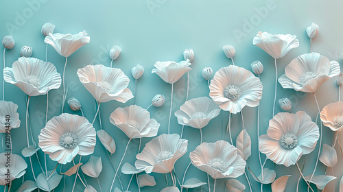 Turquoise background with white flowers.