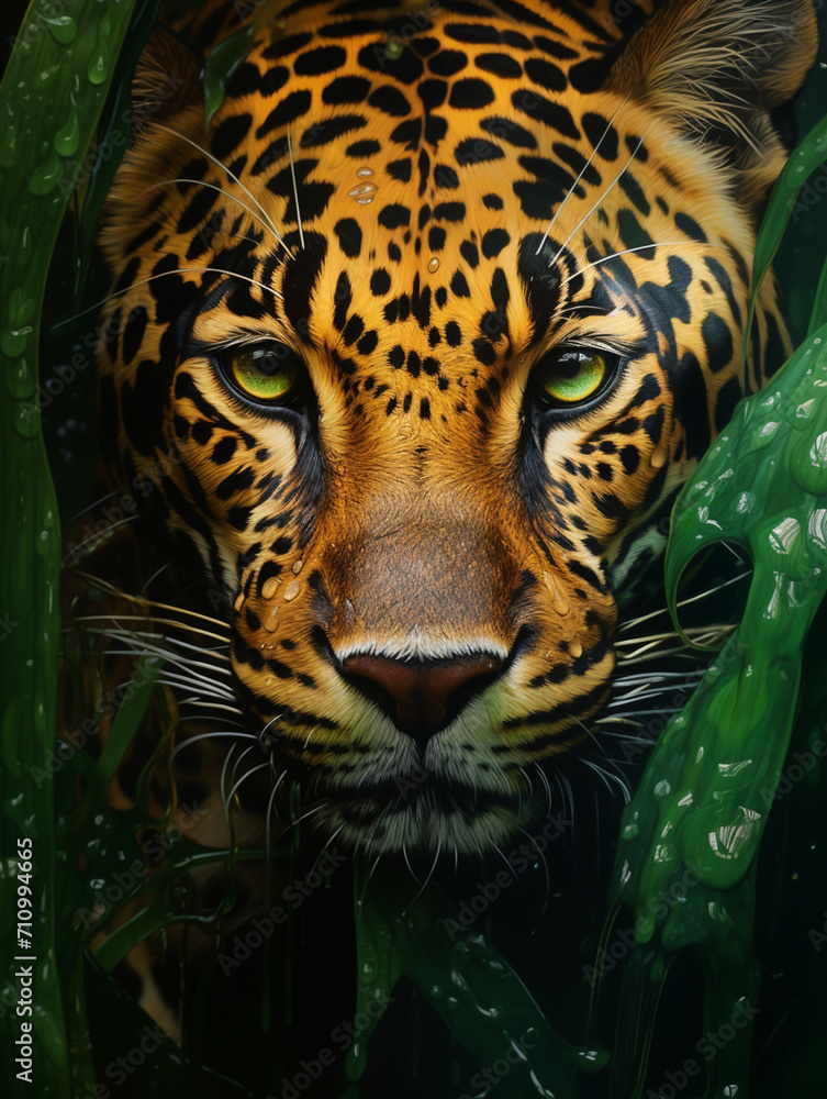 Obraz premium a rainforest scene reflected in a jaguar's eyes, in the style of photorealism, environmental themes created with Generative Ai