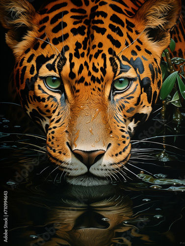 a rainforest scene reflected in a jaguar's eyes, in the style of photorealism, environmental themes created with Generative Ai