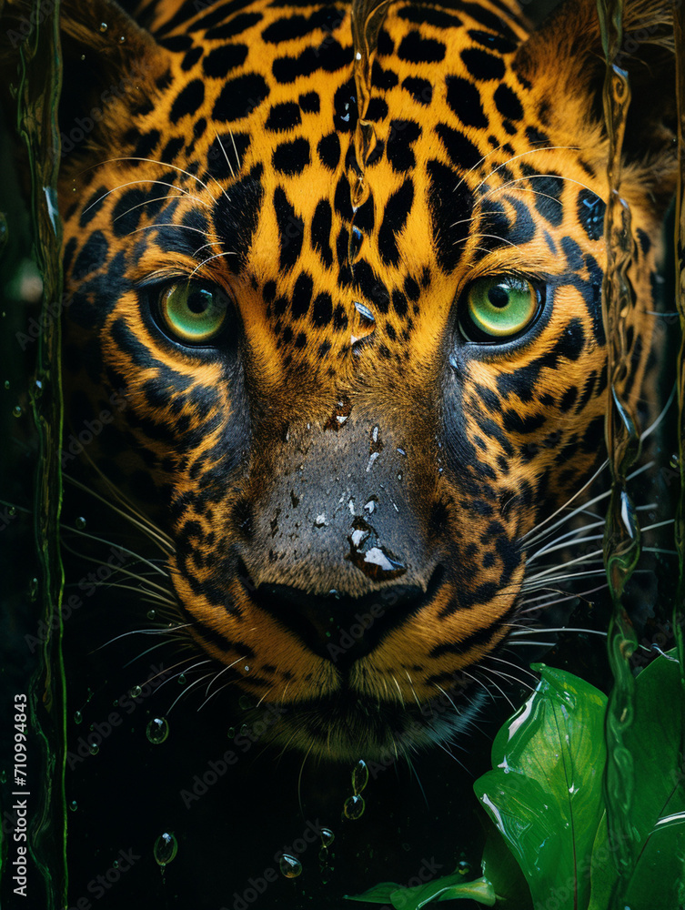 Obraz premium a rainforest scene reflected in a jaguar's eyes, in the style of photorealism, environmental themes created with Generative Ai