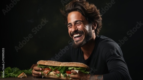 Laughing man eating a large sandwich