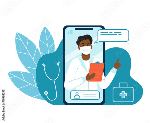 Online doctor  medical advise or consultation service. Smartphone screen with male afro american  doctor on chat in messenger and an online consultation. Vector flat illustration. Ask doctor.