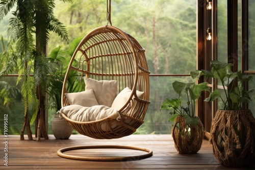 Empty wicker rattan hanging chair with pillows on terrace of an eco villa or eco hotel with view of jungle in tropical country