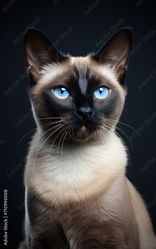 Full length front view studio portrait adorable beautiful siamese cat with magic blue eyes sitting on isolated black background