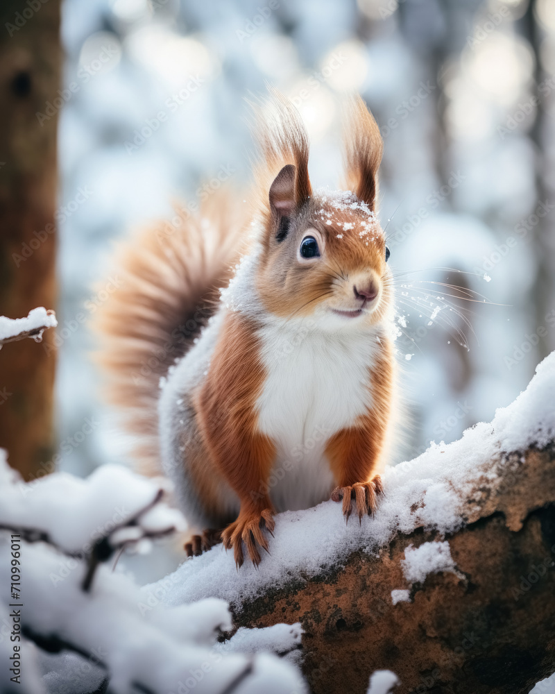 Full-length portrait of red squirrel in snowy forest on tree and blurred background Full-length portrait of red squirrel in snowy forest on tree and blurred background