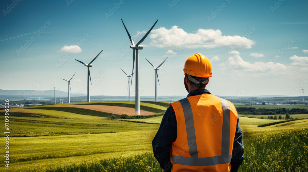 A male technician or engineer in a hard hat stands next to wind generators, viewed from the back. A male technician or engineer in a hard hat stands next to wind generators, viewed from the back.