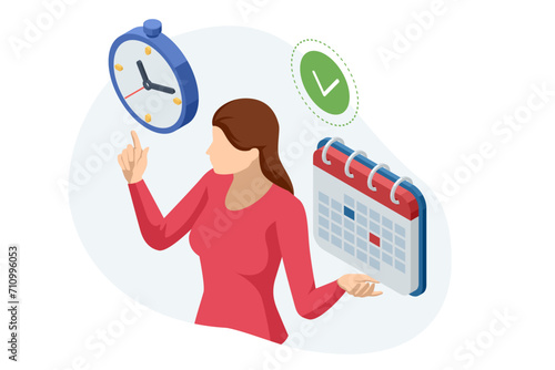 Isometric Reminder, Planning Day Scheduling Appointment in Calendar Application. Business woman Manages Time for effective Work