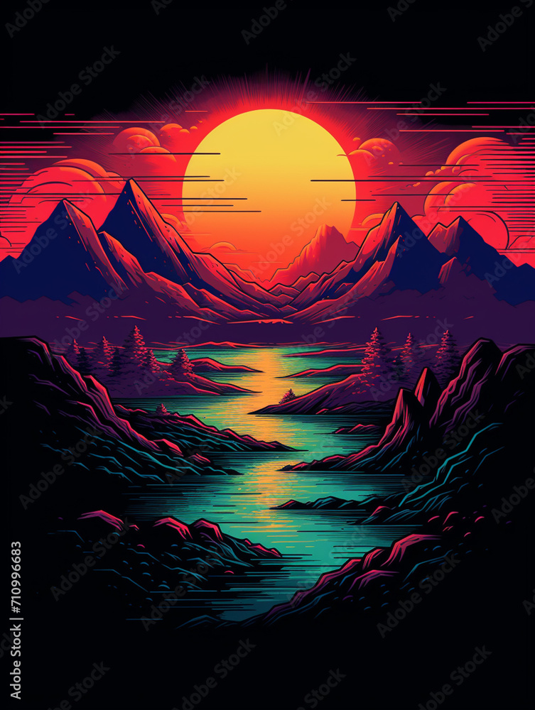 T-shirt design, a 16-bit pixel art landscape with rolling hills and a setting sun, in the style of retro video game art created with Generative Ai