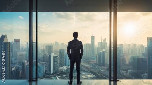 Businessman Contemplating Cityscape from High-Rise