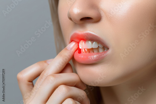 The girl opened her mouth and complains of inflamed gums, Tooth disease, dental treatment