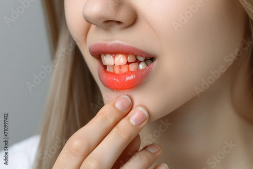 The girl opened her mouth and complains of inflamed gums  Tooth disease  dental treatment