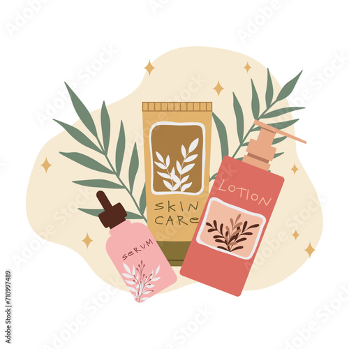 Composition of eco friendly cosmetics items. Organic and herbal makeup collection. Face serum, cream and lotion illustration with background