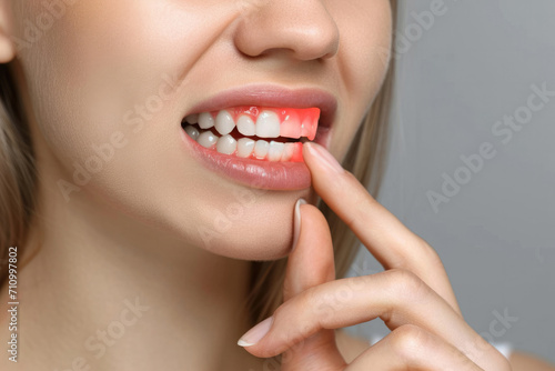 Inflammation of gums in the mouth girl touches inflamed part of the mouth with her finger