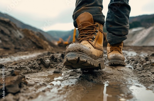 A resilient construction worker walks through mud, with a focal point on sturdy boots, embodying determination and hard work in the challenging construction site environment with a focus on safety