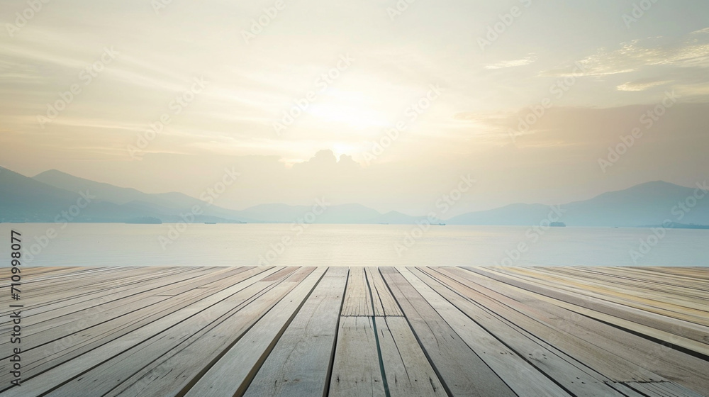 Wooden table on the background of the sea, island, king of the forest and blue sky. Display. Wooden exhibition. Forest, snow, sea, sun. high quality photo.