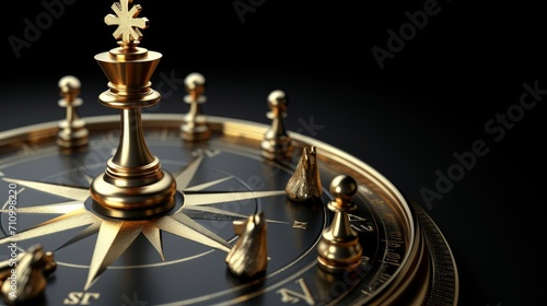 3D illustration of a golden compass rose over black background with five pawns. Business strategy and guidance concept photo