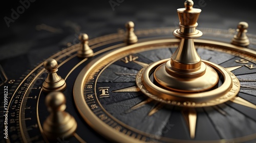 3D illustration of a golden compass rose over black background with five pawns. Business strategy and guidance concept
